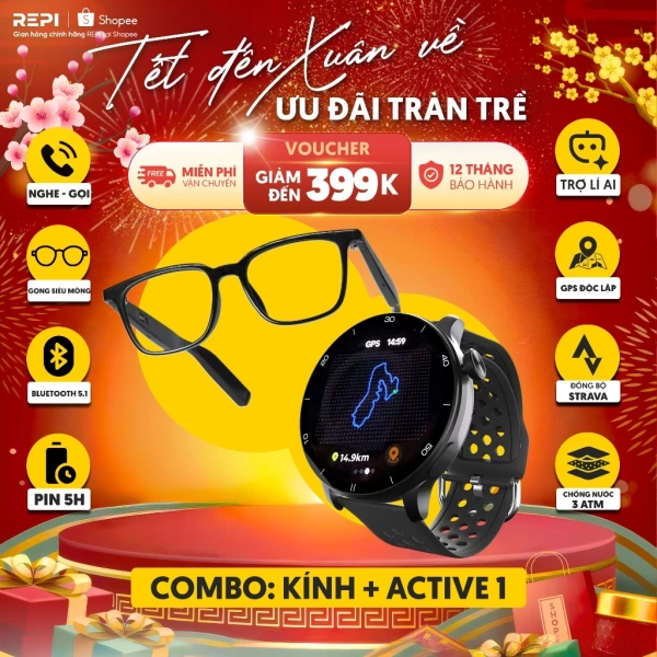 Hình ảnh sản phẩm Combo Luyện Tập Đồng Hồ BeeWatch Active 1 GPS + Kính Beecube REPI - GPS Độc lập-Bảo hành 12 tháng-Nghe nhạc gọi điện
