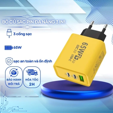 Củ Sạc Nhanh 65W QC3.0 | 3 Cổng USB + Type‑C PD | Phích Cắm EU – Giá 45.000₫