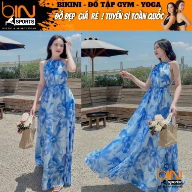 Đầm maxi hoa xanh cổ yếm, voan lót có mút đi biển du lịch chụp hình sống ảo Bin Sports MA033 Đầm maxi hoa xanh cổ yếm, voan lót có mút đi biển du lịch chụp hình sống ảo Bin Sports MA033