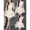 Đầm thời trang nữ siêu xinh gái vải tuyết mưa cổ V vạt nhọn chiết eo nhẹ váy dáng ngắn xòe xếp tầng 2