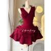 Đầm thời trang nữ siêu xinh gái vải tuyết mưa cổ V vạt nhọn chiết eo nhẹ váy dáng ngắn xòe xếp tầng 3