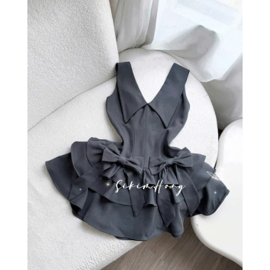 Đầm thời trang nữ siêu xinh gái vải tuyết mưa cổ V vạt nhọn chiết eo nhẹ váy dáng ngắn xòe xếp tầng