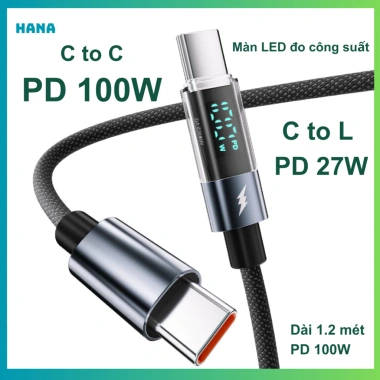 Dây cáp sạc nhanh 100W Type C Basemo - Đèn LED hiển thị công suất - Dây bện dày 1m Dây cáp sạc nhanh 100W Type C Basemo - Đèn LED hiển thị công suất - Dây bện dày 1m