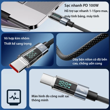 Dây cáp sạc nhanh 100W Type C Basemo - Đèn LED hiển thị công suất - Dây bện dày 1m