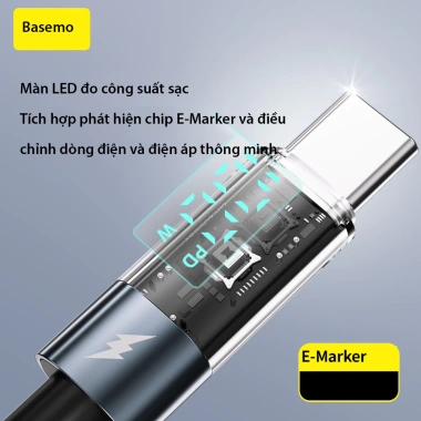 Dây cáp sạc nhanh 100W Type C Basemo - Đèn LED hiển thị công suất - Dây bện dày 1m