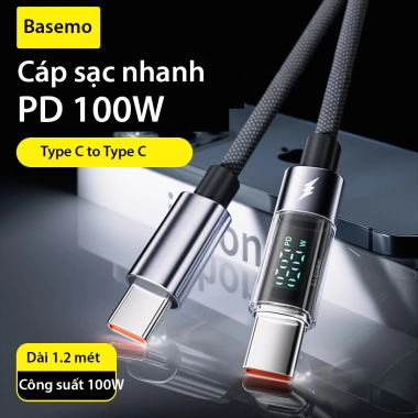 Dây cáp sạc nhanh 100W Type C Basemo - Đèn LED hiển thị công suất - Dây bện dày 1m