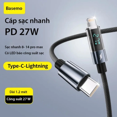 Dây cáp sạc nhanh 100W Type C Basemo - Đèn LED hiển thị công suất - Dây bện dày 1m