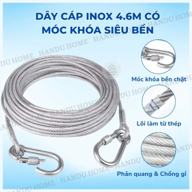 Dây Phơi Quần Áo Cáp Thép Không Gỉ 4.6m Có Móc Khóa 2 Đầu, Bọc Vinyl Chống Gỉ Chịu Lực Cao, Treo Đồ Trong Nhà Ngoài Trời