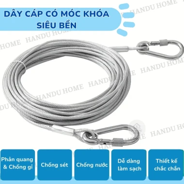 Dây Phơi Quần Áo Cáp Thép Không Gỉ 4.6m Có Móc Khóa 2 Đầu, Bọc Vinyl Chống Gỉ Chịu Lực Cao, Treo Đồ Trong Nhà Ngoài Trời 2