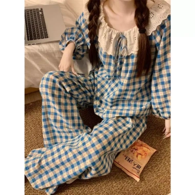 Đồ Ngủ Nữ Hàn Quốc Dài Tay Cotton Ấm Áp, Ôm Êm, Caro Dễ Thương - Giá 140k