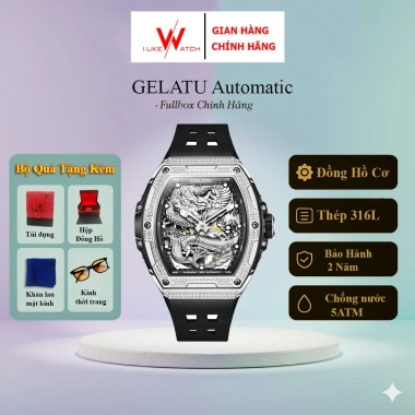Đồng hồ nam GELATU lộ cơ automatic viền đá cao cấp,Đồng hồ đeo tay thể thao dây silicone chống nước