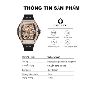 Đồng hồ nam GELATU lộ cơ automatic viền đá cao cấp,Đồng hồ đeo tay thể thao dây silicone chống nước