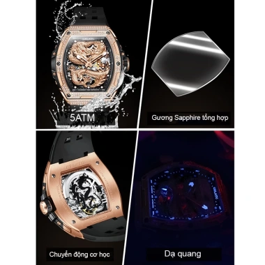 Đồng hồ nam GELATU lộ cơ automatic viền đá cao cấp,Đồng hồ đeo tay thể thao dây silicone chống nước
