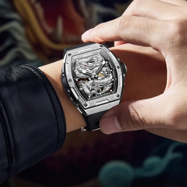 Đồng hồ nam GELATU lộ cơ automatic viền đá cao cấp,Đồng hồ đeo tay thể thao dây silicone chống nước