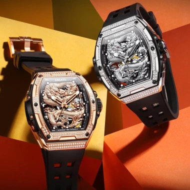 Đồng hồ nam GELATU lộ cơ automatic viền đá cao cấp,Đồng hồ đeo tay thể thao dây silicone chống nước