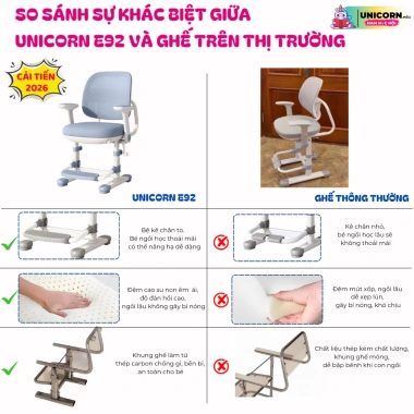 Ghế học sinh Unicorn E92 chống gù, tay vịn, độ cao linh hoạt, tựa lưng ôm sát