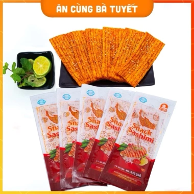 Giá sỉ 30 gói SNACK SASHIMI Bà Tuyết – Cá hồi nướng, Que cay tuổi thơ, 62.000₫ 2