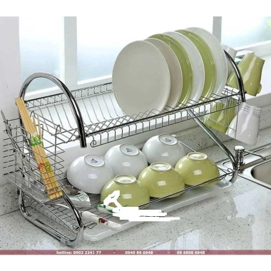 Giá úp bát đĩa inox 2 tầng có khay hứng nước - Siêu bền, chỉ 149.900 đồng
