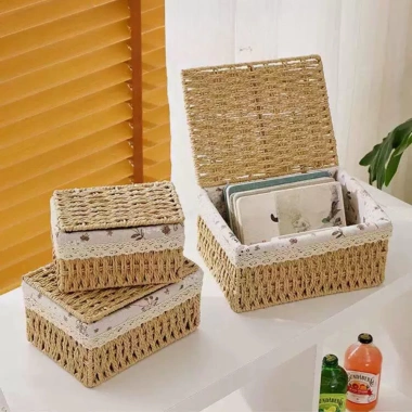 Giỏ mây có nắp đa năng – Đựng mỹ phẩm, đồ ăn vặt, decor bàn, lót vải vintage, chỉ 79k 4