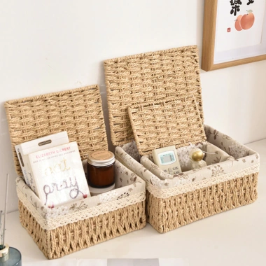 Giỏ mây có nắp đa năng – Đựng mỹ phẩm, đồ ăn vặt, decor bàn, lót vải vintage, chỉ 79k 5