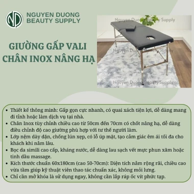 Giường Xếp Vali Inox Nâng Hạ Đa Năng Spa - Nối Mi, Phun Xăm, Trị Liệu Giá Rẻ 2 Giường Xếp Vali Inox Nâng Hạ Đa Năng Spa - Nối Mi, Phun Xăm, Trị Liệu Giá Rẻ 2