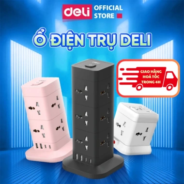 [HOẢ TỐC] Ổ Cắm Điện Dáng Trụ, Ổ Điện Tháp DELI 8-12 Lỗ Cắm Cổng Sạc USB TypeC Nút Bảo Vệ Quá Áp Công Suất 2.500W Dây 4m