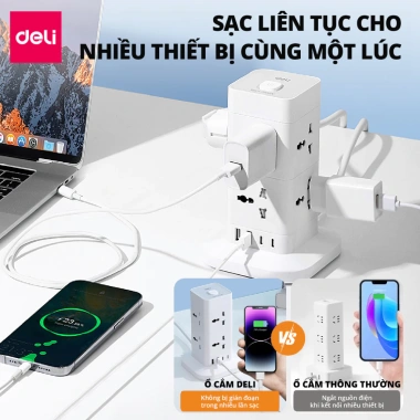 [HOẢ TỐC] Ổ Cắm Điện Dáng Trụ, Ổ Điện Tháp DELI 8-12 Lỗ Cắm Cổng Sạc USB TypeC Nút Bảo Vệ Quá Áp Công Suất 2.500W Dây 4m 2