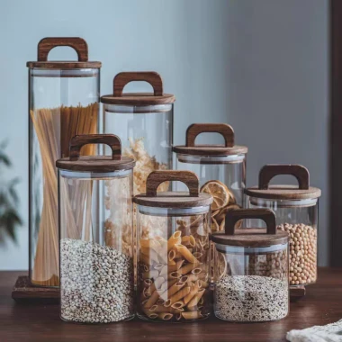 Hũ Thuỷ Tinh Nắp Kín Có Tay Cầm, Lọ Thuỷ Tinh Nắp Gỗ Borosilicate Chịu Nhiệt, Không Chứa Chì Cao Cấp