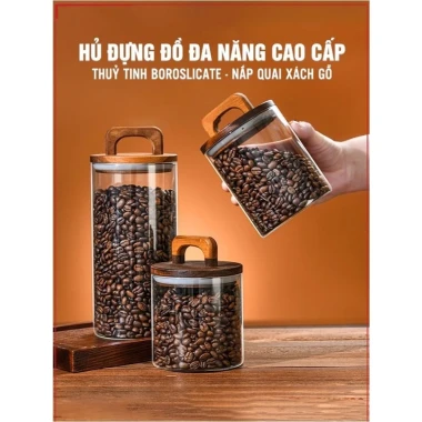 Hũ Thuỷ Tinh Nắp Kín Có Tay Cầm, Lọ Thuỷ Tinh Nắp Gỗ Borosilicate Chịu Nhiệt, Không Chứa Chì Cao Cấp 2