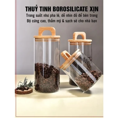 Hũ Thuỷ Tinh Nắp Kín Có Tay Cầm, Lọ Thuỷ Tinh Nắp Gỗ Borosilicate Chịu Nhiệt, Không Chứa Chì Cao Cấp 4
