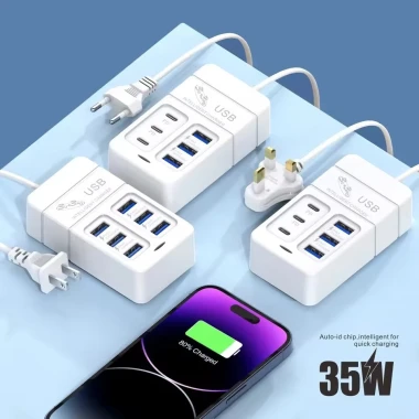 Hub treo tường sạc nhanh 35W - Bộ sạc du lịch USB 6 cổng PD - Ổ cắm 6USB 3USB-A + 3USB-C - Ổ cắm điện dây nối dài Vương quốc Anh / EU / US - Bộ chuyển đổi phích cắm 4