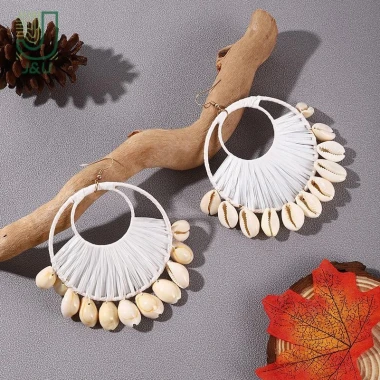 J & U Raffia Dệt Tay Phóng Đại Lớn Đôi Tròn Vỏ sò Nhiều Lớp Bông Tai Beachside Resort Phong Cách Mới 3