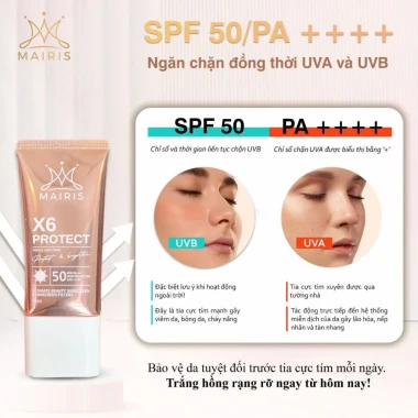 Kem Chống Nắng Mairis X6 SPF50+ PA++++ 6 Màng Lọc Dưỡng Sáng Da Giá Rẻ 225k 3 Kem Chống Nắng Mairis X6 SPF50+ PA++++ 6 Màng Lọc Dưỡng Sáng Da Giá Rẻ 225k 3