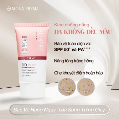 Kem Chống Nắng và Nền Mona Frema SUNPRE DD Xtreme 50ml màu hồng SPF50+ dưỡng da, giảm còn 1.128.600 VND