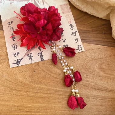 Kẹp tóc Hanfu sườn xám với họa tiết tua rua hoa đỏ - Phụ kiện thời trang giảm giá 6