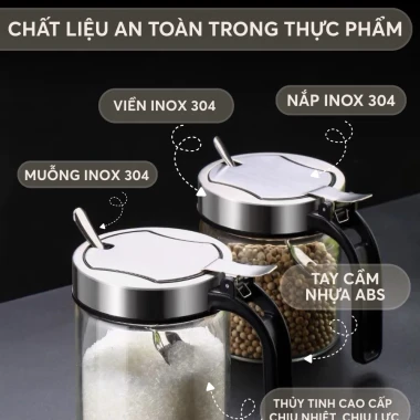 Lọ gia vị thuỷ tinh borosilicate cao cấp và an toàn, nắp phẳng bật kèm muỗng bằng inox 304 PHALEDO P-0328 2 Lọ gia vị thuỷ tinh borosilicate cao cấp và an toàn, nắp phẳng bật kèm muỗng bằng inox 304 PHALEDO P-0328 2