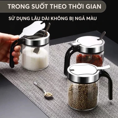 Lọ gia vị thuỷ tinh borosilicate cao cấp và an toàn, nắp phẳng bật kèm muỗng bằng inox 304 PHALEDO P-0328 5 Lọ gia vị thuỷ tinh borosilicate cao cấp và an toàn, nắp phẳng bật kèm muỗng bằng inox 304 PHALEDO P-0328 5