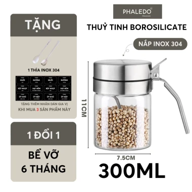 Lọ gia vị thuỷ tinh borosilicate cao cấp và an toàn, nắp phẳng bật kèm muỗng bằng inox 304 PHALEDO P-0328 12 Lọ gia vị thuỷ tinh borosilicate cao cấp và an toàn, nắp phẳng bật kèm muỗng bằng inox 304 PHALEDO P-0328 12