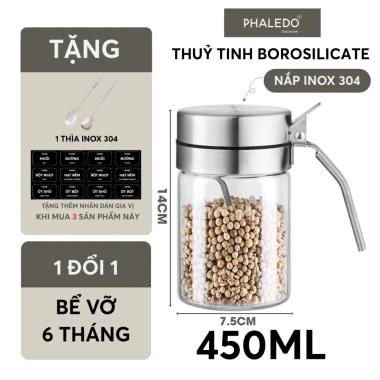 Lọ gia vị thuỷ tinh borosilicate cao cấp và an toàn, nắp phẳng bật kèm muỗng bằng inox 304 PHALEDO P-0328 13 Lọ gia vị thuỷ tinh borosilicate cao cấp và an toàn, nắp phẳng bật kèm muỗng bằng inox 304 PHALEDO P-0328 13
