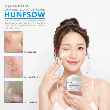 Mặt nạ đất sét HUNFSOW Kiểm soát dầu, se khít lỗ chân lông, giảm mụn đầu đen, giảm mụn, 3X Acid & Bùn trắng băng 110g