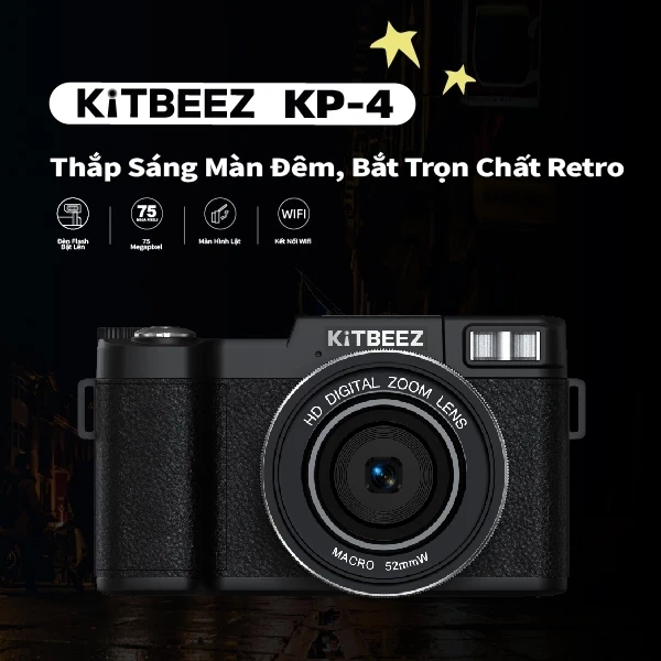 Hình ảnh sản phẩm Máy ảnh kỹ thuật số KiTBEEZ-KP4 WiFi 75MP 5K 18x Zoom 180° Flip Selfie cho Vlogging