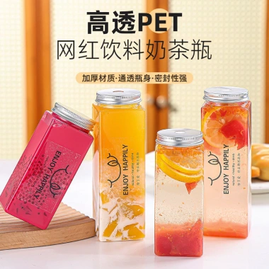 Nước ép trái cây 350‑650ml dùng một lần - chai nhựa vuông trà sữa, giải khát tiện lợi