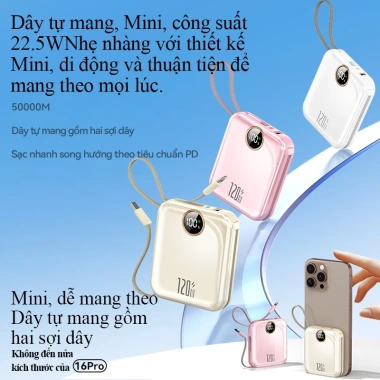 Pin dự phòng mini 20.000mAh sạc nhanh 120W PD 20W, gọn nhẹ, kèm 2 dây sạc - 480k