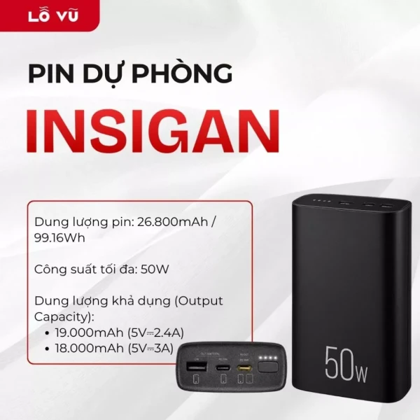 Hình ảnh sản phẩm Pin Sạc Dự Phòng INSIGAN 26.800mAh Sạc Nhanh 50W Giá Rẻ Chỉ 429k
