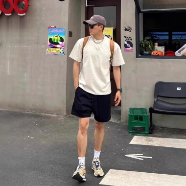 Quần short nam cạp chun dây rút lưng cao, vải dù form rộng, jean basic 129k