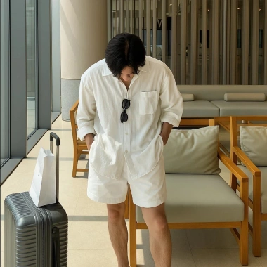 Quần short nam cạp chun dây rút lưng cao, vải dù form rộng, jean basic 129k