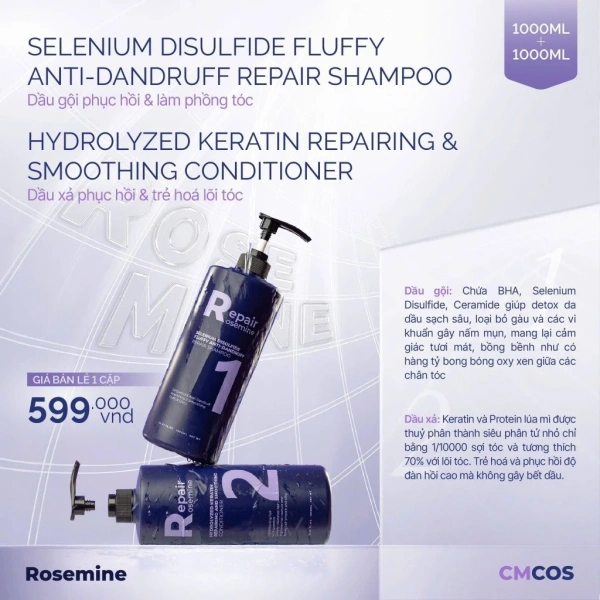 Hình ảnh sản phẩm Rosemine Dầu Gội Xả 500ml-1.000ml Suôn Mượt, Phục Hồi Tóc Khô Xơ, Giá 220.000đ