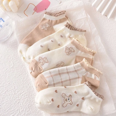 Set 10 Đôi Tất Vớ Nữ Họa Tiết Gâu Cổ Bèo Cotton Co Giãn Thoáng Khí Giá chỉ 35k