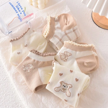 Set 10 Đôi Tất Vớ Nữ Họa Tiết Gâu Cổ Bèo Cotton Co Giãn Thoáng Khí Giá chỉ 35k