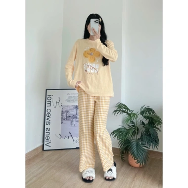 Sét bộ dài mặc Tết, mặc Đông xinh xắn LAMFASHION, Đồ bộ dài mặc nhà in hình, quần kate dáng suông, Áo dài tay xượt mềm